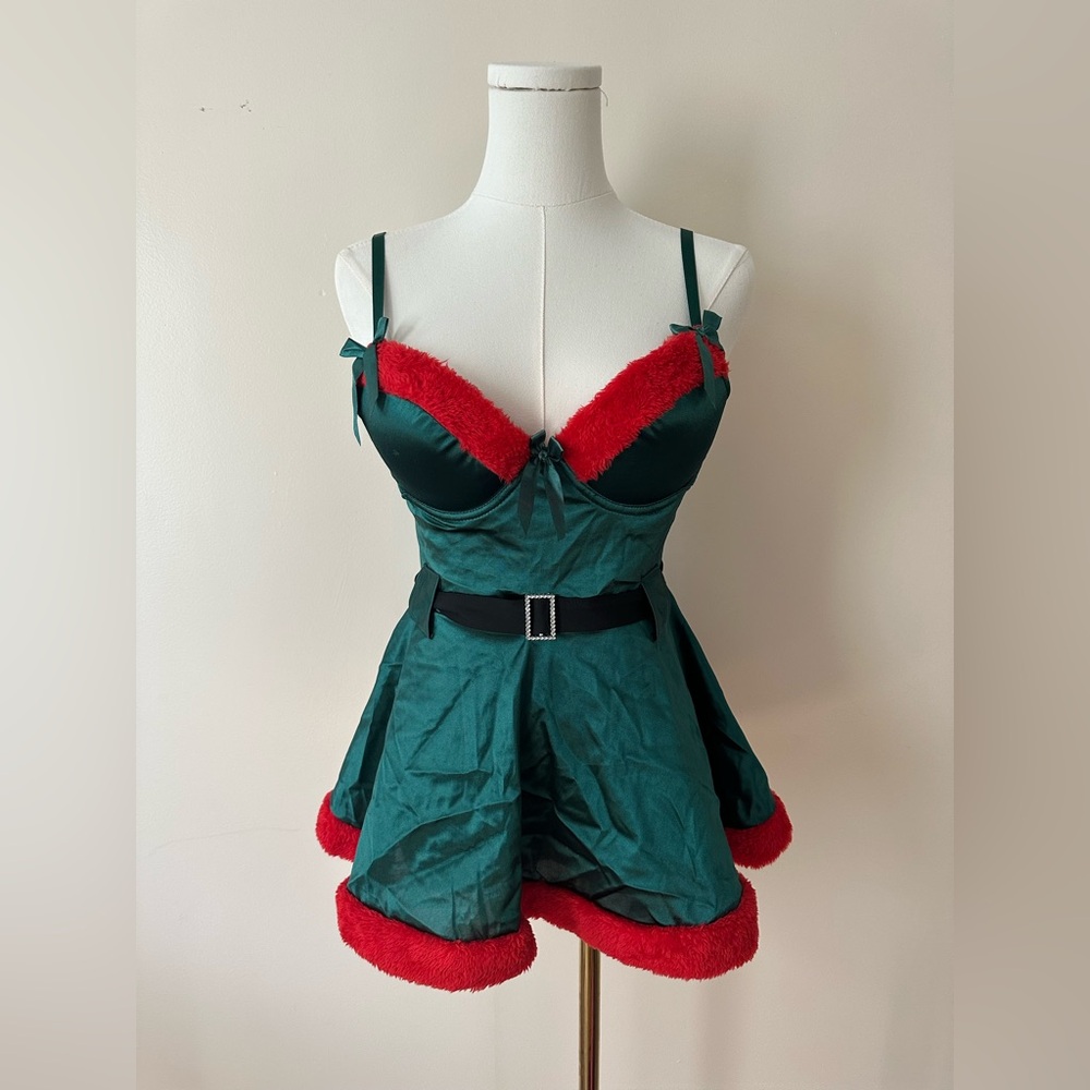 Festive Green and Red Lingerie Dress with Belt